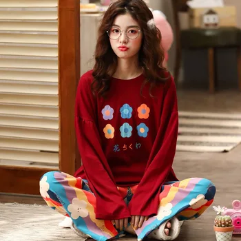 

HaloSweet 100kg High Quality Pajamas Long Sleeve Flower Autumn Winter Home Wear Two Piece Set Plus Size Sleepwear Suit Women