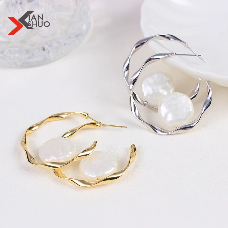 

Twisted Geometric Imitation Pearl Hoop Earring Big Circle Chain Shell Tassel Loop Earrings For Women Statement Jewelry