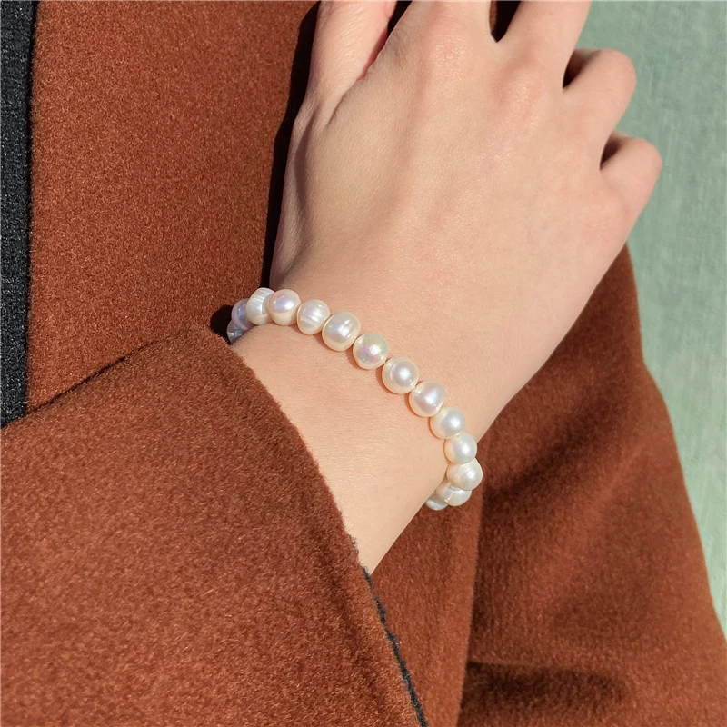 Simple Round White Pearls Beaded Bracelet Men Women Jewelry 6-9mm Natural Genuine Pearl Elastic Bangles Freshwater Pearls Gifts