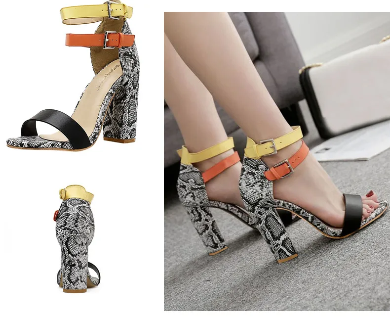 Разноцветные женские модные сандалии на высоком каблуке с пряжкой и ремешком под змеиную кожу; сандалии на квадратном каблуке с открытым носком; Туфли-лодочки; повседневная обувь