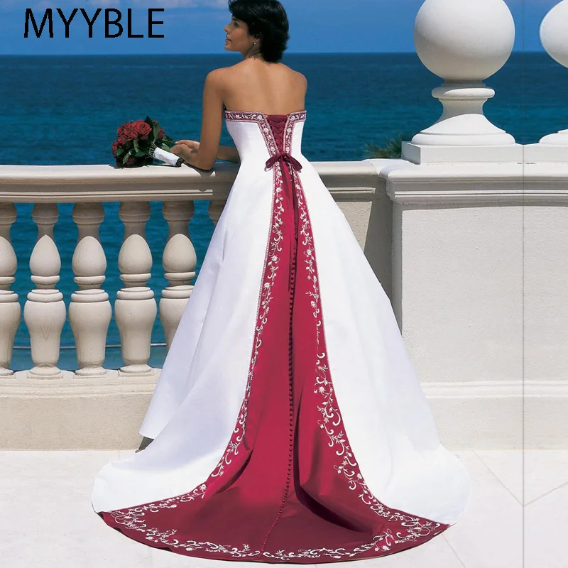 Vestido De Novia, атласные свадебные платья с вышивкой,, без бретелек, на шнуровке, со шлейфом, платья невесты, цветные, на заказ