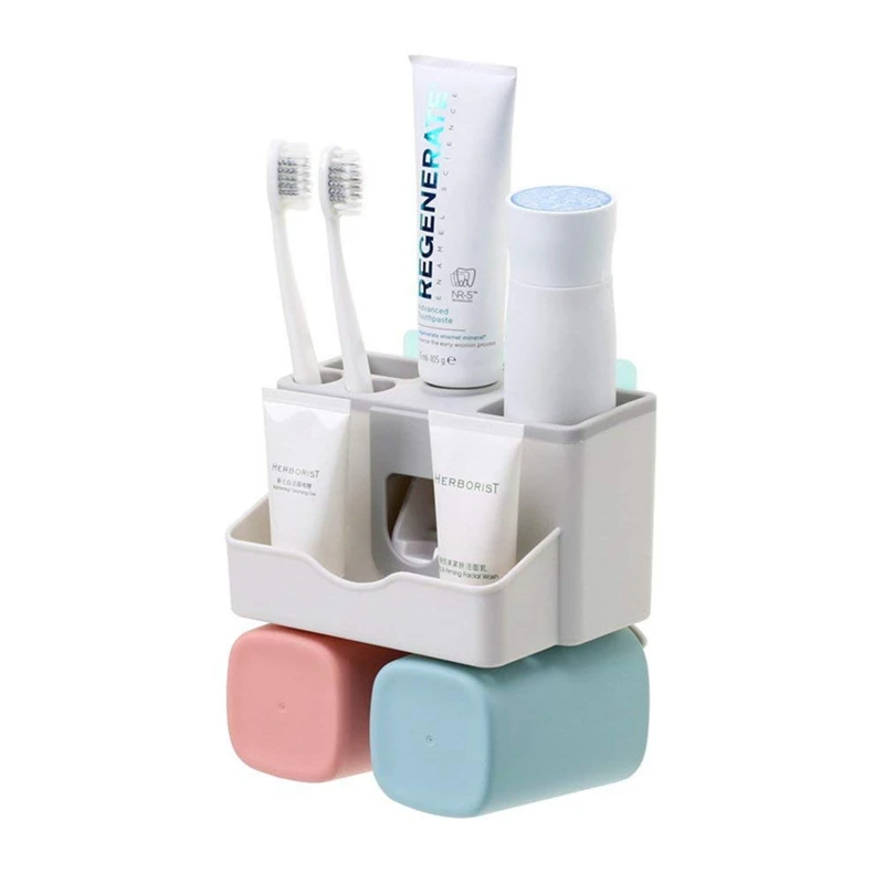 

Toothbrush Holder Set, Save Space No Drill Wall Mount Toothpaste Dispenser and Multi-Functional Slots Bathroom Organizer with Wa
