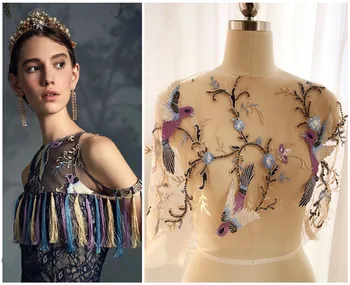 

Millet Beads Embroidery Applique Multicolor Flying Bird Lace Fabric Patch RS1657