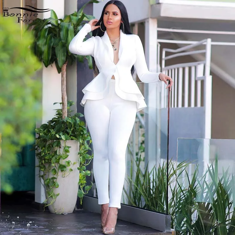 

Bonnie Forest Elegant White Solid Ruffles Blazer Top& Skinny Pencil Pant Set Office Blazer Set Womens Formal Wear Plus Size