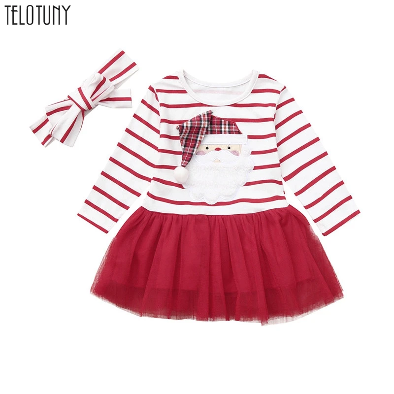 Telotuny/рождественское Полосатое платье принцессы для девочек; детское фатиновое платье-пачка с рисунком Санта-Клауса; наряды; платье принцессы для девочек на свадьбу