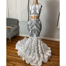 Черное платье русалки с серебряными блестками для выпускного вечера для девочек, 2 предмета, торжественное платье в африканском стиле с объемным цветочным рисунком, vestidos de fiesta CP373