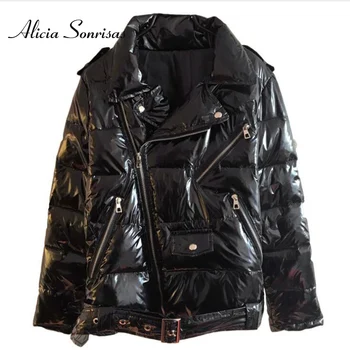 

Warm Winter Leather Glossy Jacket Women Black Zipper Windbreaker Vintage 2019 Winter Shiny Down Cotton Coat Female Punk Coats