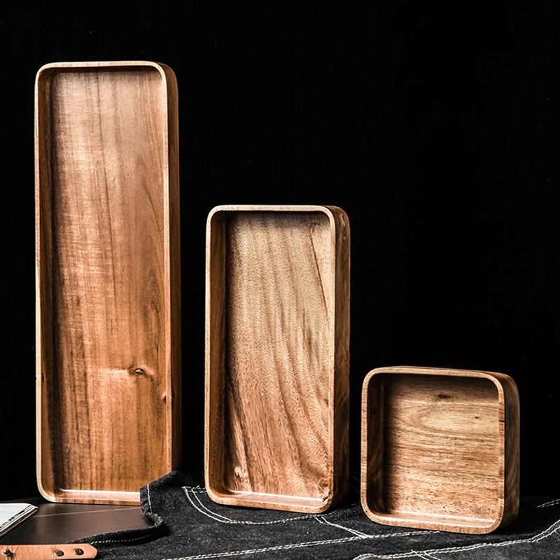 Acacia Wood Serving Tray Saucer Tea Tray Dessert Dinner Plate Tableware Set Japanese Snacks Food Rectangular Plate Storage Dish