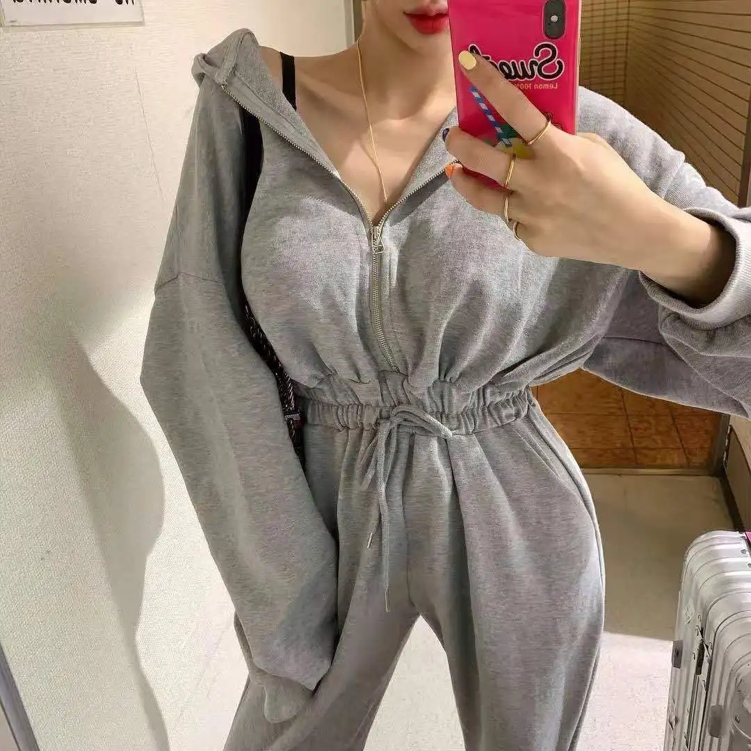 

Hooded Siamese trousers] Spring Korean version of the feet pants high waist overalls women's feet thin slim jumpsuit trousers