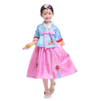 

children's Hanbok Dress Girls Cosplay Performance Dress Applique Half Knee-Length Kids Clothing With Headwear Christmas GiftZL71