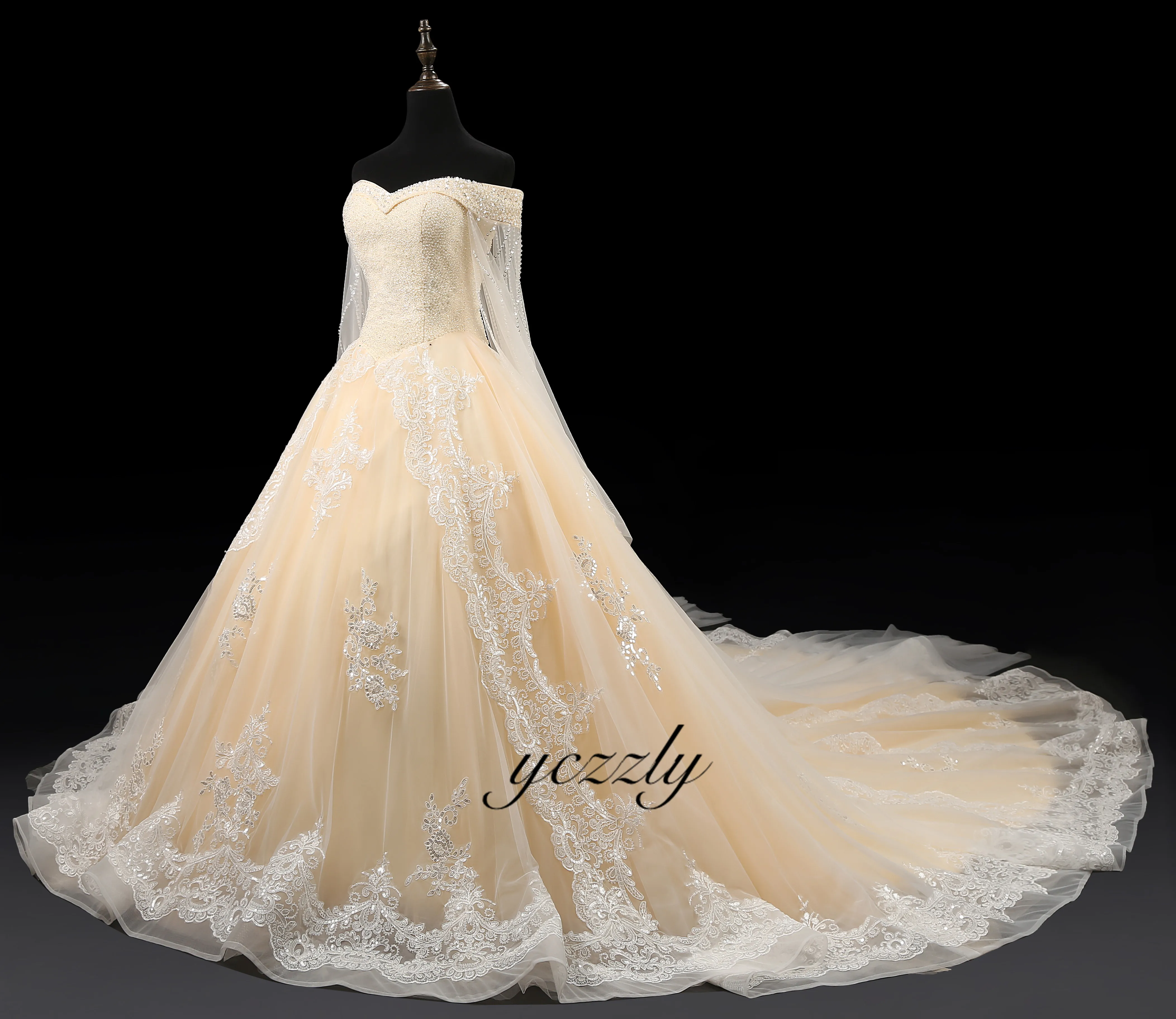 Robe De Mariee бальное платье цвета шампанского с открытыми плечами Бисероплетение Свадебные платья со стразами длинное Плюс Размер свадебное платье с накидкой RW419