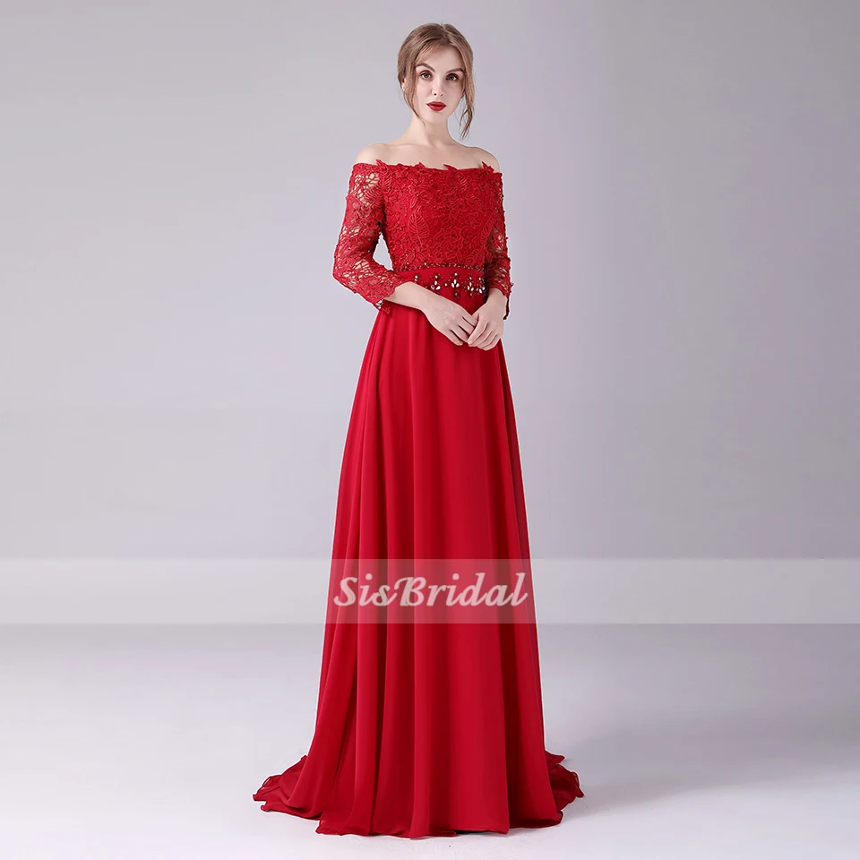 A-Line Off-the-shoulder Sweep/щетка поезд шифон Кружева Вечернее платье с кристаллами
