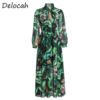 

Delocah Spring Summer Fashion Ruwan Women Lantern Sleeve Simple Bow Jungle Printed Holiday Casual Pleated Female Maxi Dresses