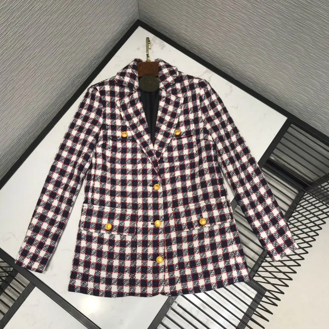 

2019 New Fashion Elegant Casual Plaid Coloured Checked Tweed Women Suit Coat British Style