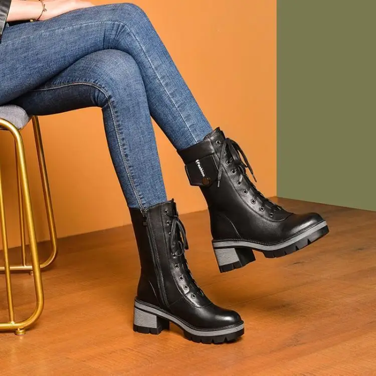 

Thick leather boots with Martin boots boots in female knight boot heels head layer cowhide