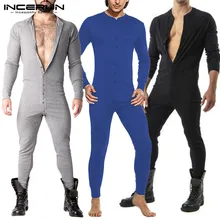 INCERUN Men Pajamas Jumpsuit Solid 2021 Cozy Leisure Nightwear Rompers Long Sleeve Button Mens Sleepwear Playsuit Homewear S-5XL