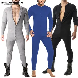 INCERUN Men Pajamas Jumpsuit Solid 2021 Cozy Leisure Nightwear Rompers Long Sleeve Button Mens Sleepwear Playsuit Homewear S-5XL
