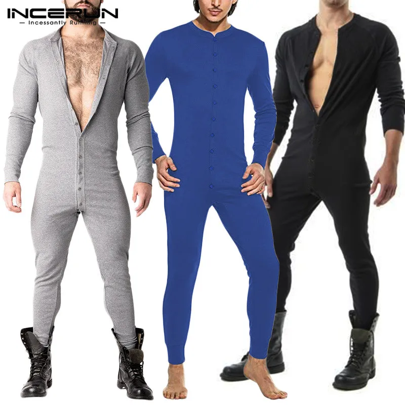 Incerun Men Pajamas Jumpsuit Solid 2022 Cozy Leisure Nightwear Rompers Long Sleeve Button Mens