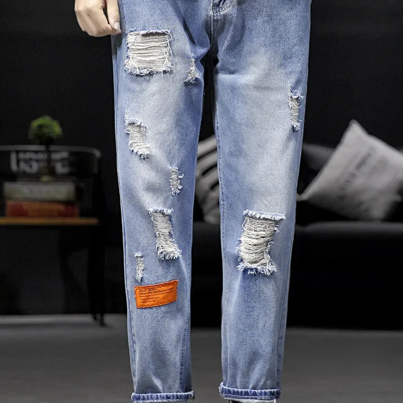 50% OFF Shattered Jeans Men's Fashion Washed Retro Casual Jean Pants Men Streetwear Wild Loose Hip Hop Denim Trousers Mens M-5XL
