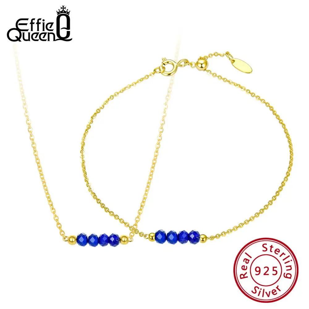 Effie Queen 925 Sterling Silver Jewelry Set Women Necklaces Beads Bracelets Natural Stone Gold Color Jewelry Bracelet DSS32
