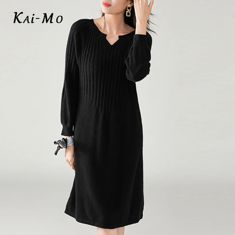 KAI-MO, высокое качество, Осень-зима, Ретро стиль, французский стиль, для девушек, шикарный вязаный v-образный вырез, длинный рукав, винтажный бандаж, облегающее, черное, вязанное