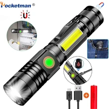

COB Led Flashlight Rechargeable lanterns Powerful flashlight Magnetic Torch with Cob Side light pocket clip Zoomable for Camping