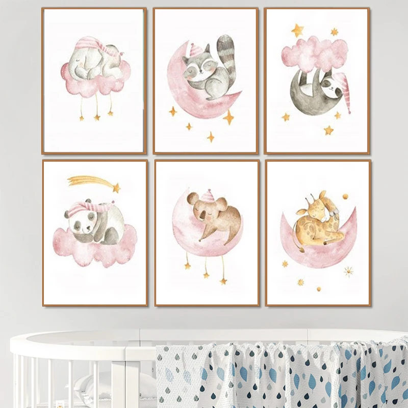 

Pink Cartoon Wall Art Sleeping Safari Animals Print Raccoon Giraffe Elephant Wall Posters Canvas Painting Baby Girl Room Decor