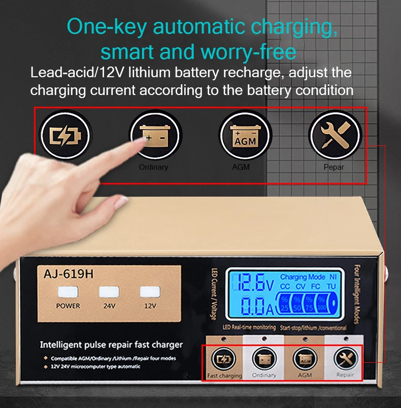 ANJING 619H 12V/24V 20A  Motorcycle Car Battery Charger 260W Automatic Start-Sto