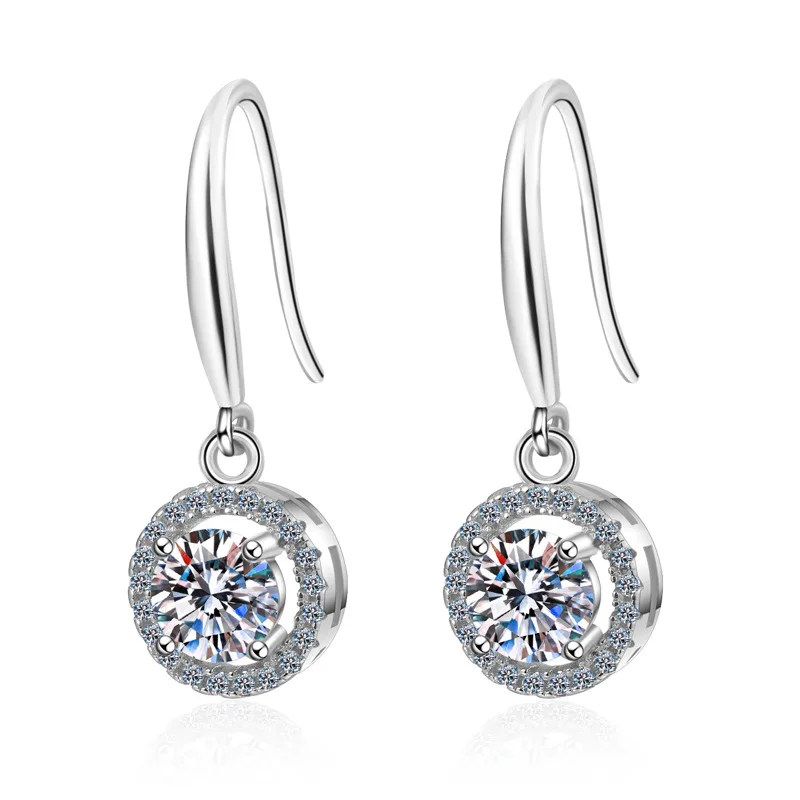 Real Sterling Silver Drop Earrings 0.5ct 1ct D Color Moissanite Halo Dangle Hoop Earrings For Women Wedding Engagement Jewelry