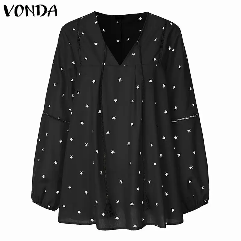 Черный VONDA/Большие размеры, свободная блузка с принтом, женские осенние Рубашки с длинным рукавом и v-образным вырезом, повседневные пляжные топы, женские блузы, богемные рубашки - Цвет: Черный