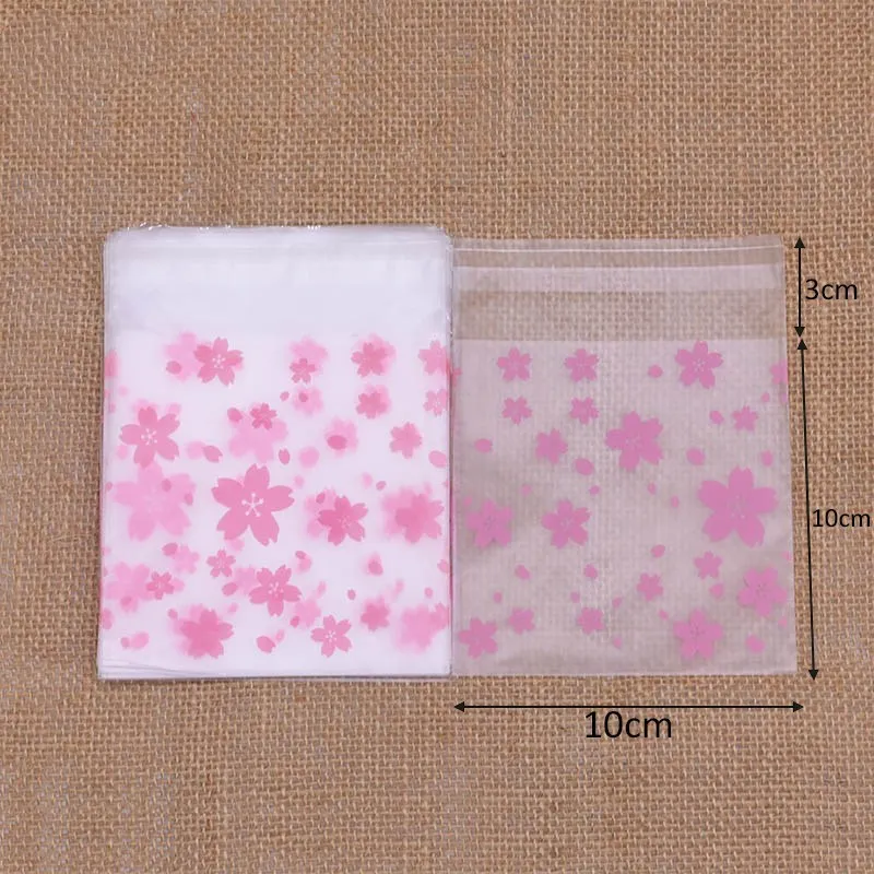 10x10cm 100 шт 4 размера розовые вишневые пластиковые пакеты мешочек для печенья, конфет, подарок на свадьбу, день рождения, вечеринку, мешок для выпечки печенья, клейкая упаковочная сумка - Цвет: 10x10cm