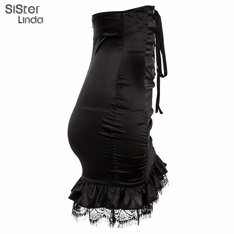Sisterlinda Women Lace Edge Skirt Black Sexy Mini Skirt High Waist Lace Up Bandage Skirts Package Hip Skirts Mujer Autumn