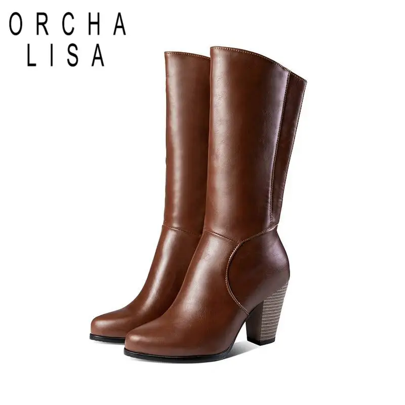 

ORCHA LISA Winter high heel knee boots for women block heels Zipper Long Boots black red blue big size 48 Botas Mujer