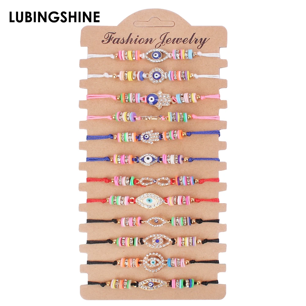 12pcs/set Handmade Braide Adjustable Bracelets&Bangle Crystal Eye Palm Beads Charms Bracelet Fashion Wristband Jewelry for Women|Браслеты с