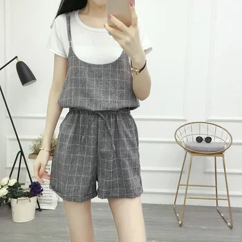 

Women All-match Loose Overall Jumpsuit Short High Waist Plaid Without Tee Mini Overall Women Clothing New
