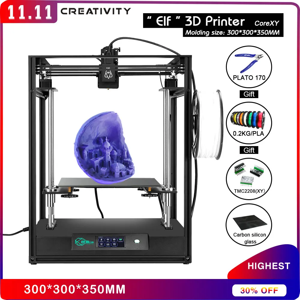 

Creativity CoreXY ELF DIY 3D printer kit Dual z-axis high precision FDM 0.4mm Nozzle supports BLTOUCH large area printing size