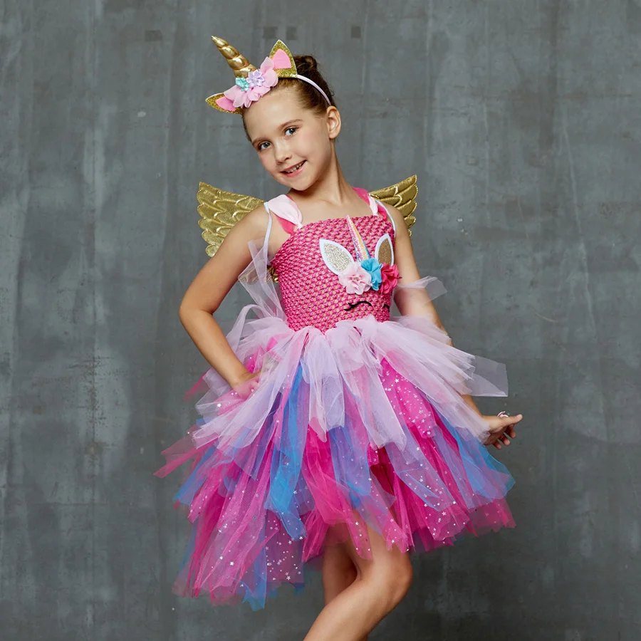 Layered Flower Girl Unicorn Tutu Dress with Headband Wings Sequins Birthday Party Halloween Cosplay Tutu Dress up Unicorn Costume (5)