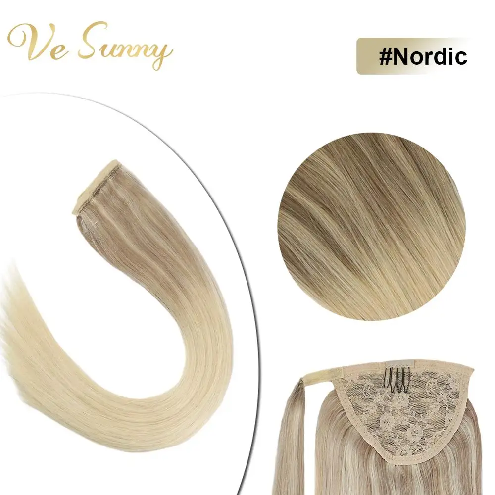 Extensões de Rabo de Cavalo Envoltório em Torno de Fita Mágica com Pente Vesunny Real Cabelo Humano Balayage Ombre 18 – 60 Nordic Loira 100%