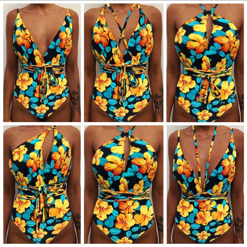 Women Sexy Print Brazilian One Piece Swimsuit Floral Retro Thong High Waist Bodysuit Backless High Cut Bikini 2020 New