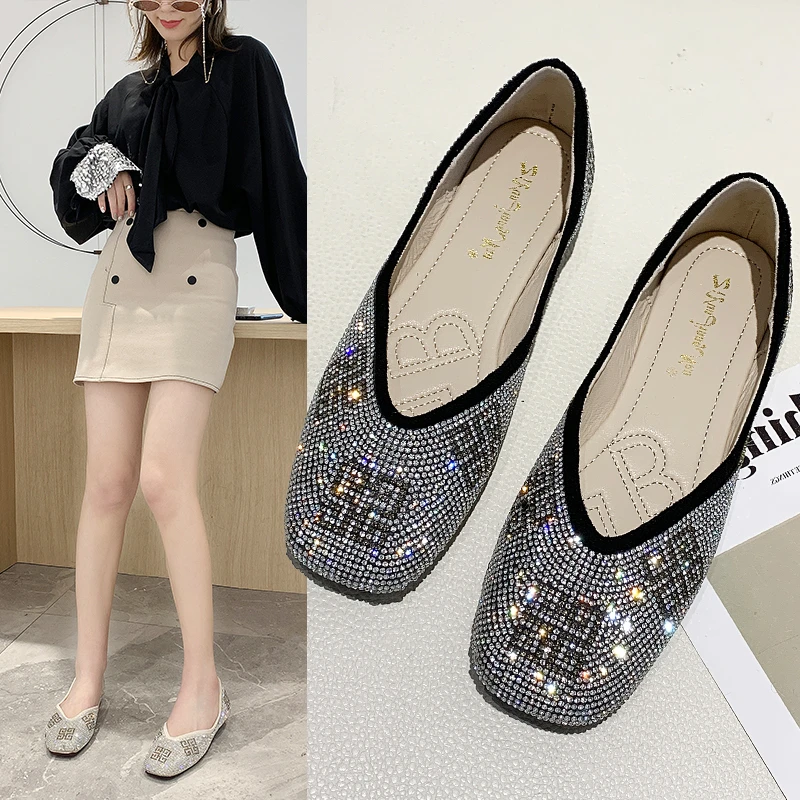 

2020 fashion Women Shoes Rhinestone soft bottom shallow Lady sweet slip on flats square head female shoes zapatos de mujer