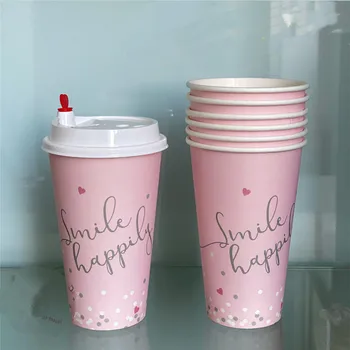 

50pcs High qualty 16oz 500ml pink paper cups disposable coffee cup couple love cup bubble tea cup party favors drinking cups