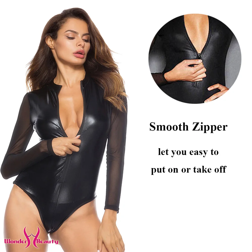 Sexy Zipper Latex Wetlook Mesh Catsuit Gothic Faux Leather Bodysuit Women Fetish PVC Teddy Pole Dance Erotic Nightclub Costume shapewear bodysuit