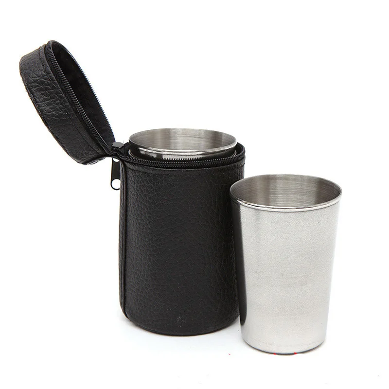 4Pcs Stainless Steel Shot Glass Cup Collapsible Handle Drinking Mug W/ Mesh Bag 