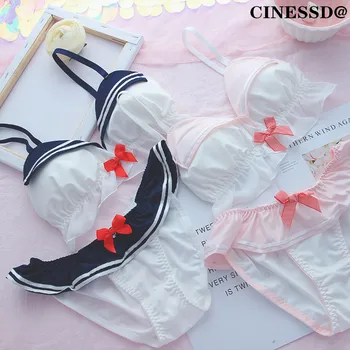 

2019 lovely Teenage heart Triangle cup Navy No rims Sexy Small chest student Underwear set Beautiful girl