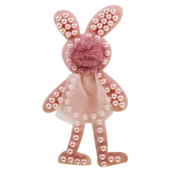 

Fur Rabbit Badge Beaded Pearl Patches Sew on Lace Applique for Children Clothes Bags Decor 5 pieces