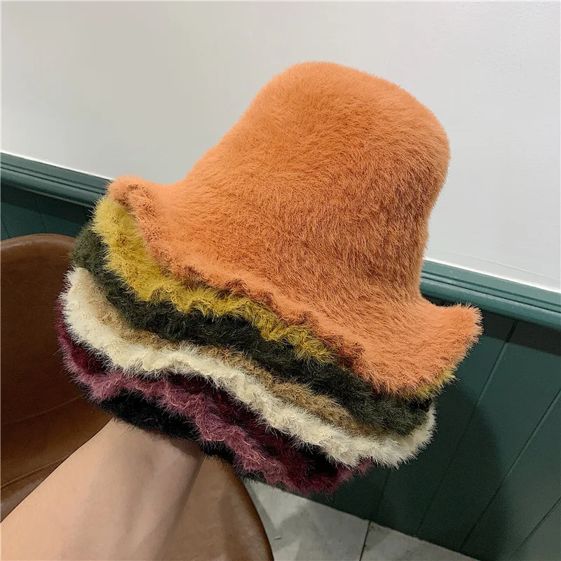 Зимняя теплая норковая шапка в рыбацком стиле, шапка-ведро унисекс, шапка с сеткой красного цвета с большим краем, милая шерстяная шапка для бассейна, Женская утолщенная норковая шапка