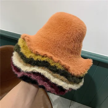 

Winter Warm Mink Like Fisherman's Hat Unisex Bucket Hat Net Red Same Big Edge Cute Wool Basin Hat Female Thickened Mink Beggar