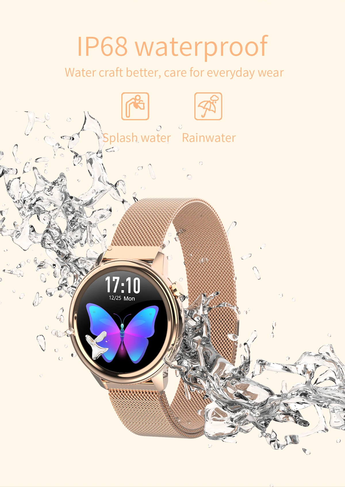 Female health (physiological cycle), Blood pressure monitori,Respiratory rate,Dynamic UI, Body temperature monitoring Smartwatch