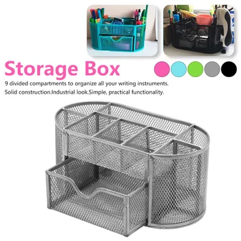 

9 Cell Metal Desk Organizer Mesh Desktop Pencil Pen Sundries Badge Holder Storage Box Stationery Ruler School Office Supplies