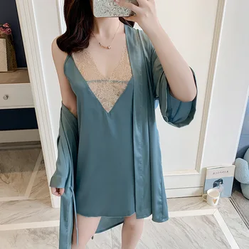 

Lace Patchwork Women Sleepwear Nightwear Satin Sexy Nighty&Robe Suit Perspective 2PCS Sleep Set Kimono Gown Bridal Wedding Gift